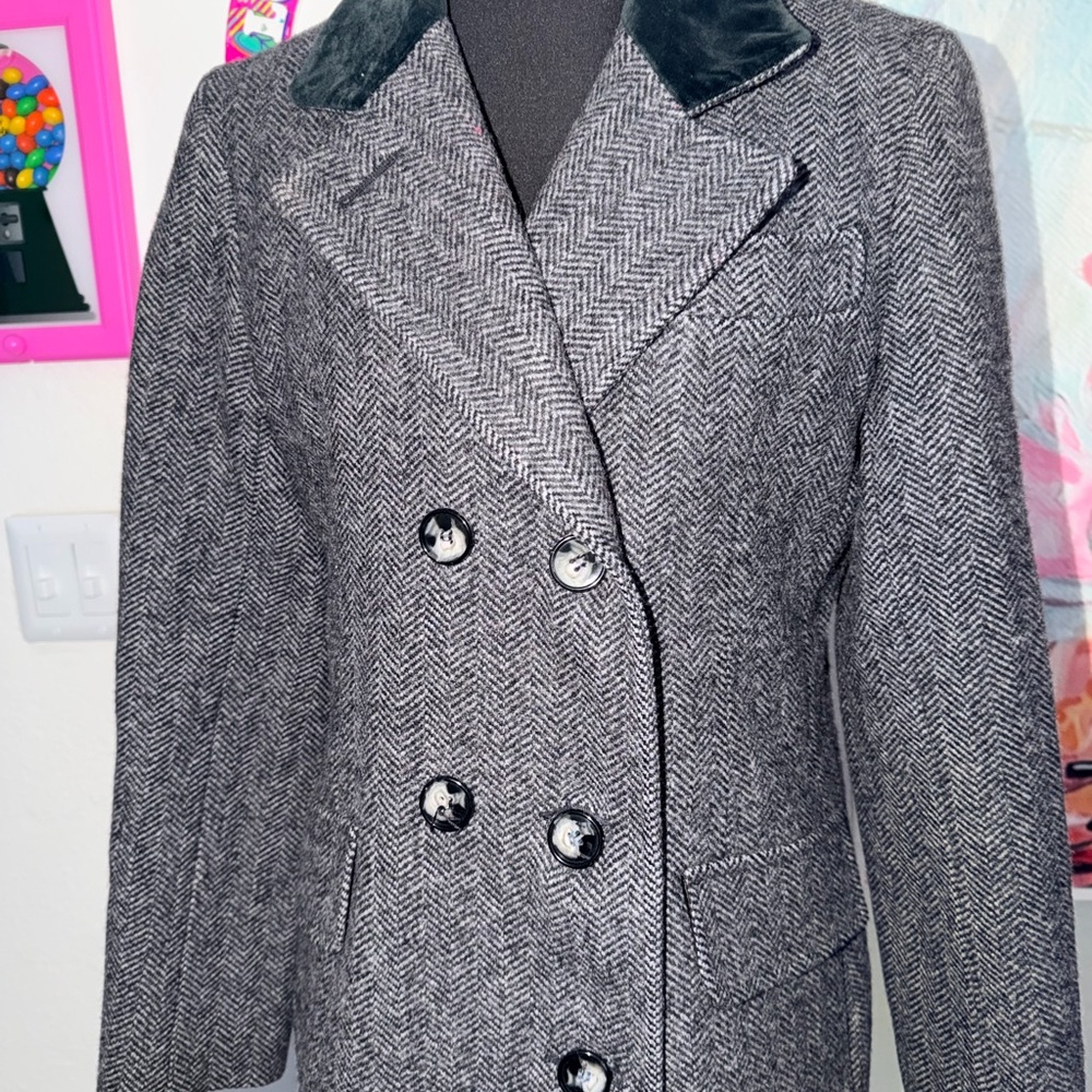Vintage Karen 100% Wool Herringbone Maxi Coat Black Velvet Collar S M 80s